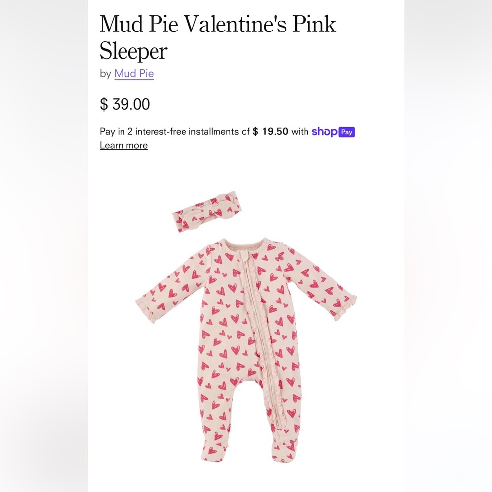 Mud Pie Valentine’s Day Pink Heart Footies with Bow Headband 3-6 Months - Picture 2 of 7